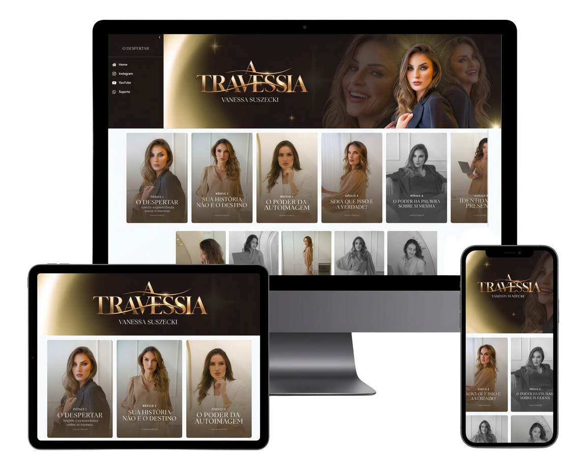 Apresentação da área de membros A Travessia, com a capa e os módulos em computador, tablet e celular